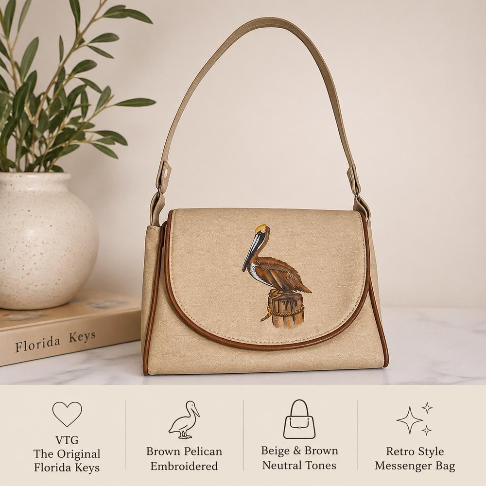 VTG 'The Original Florida Keys Handbag' Beige Brown Pelican Crossbody Bag Beach